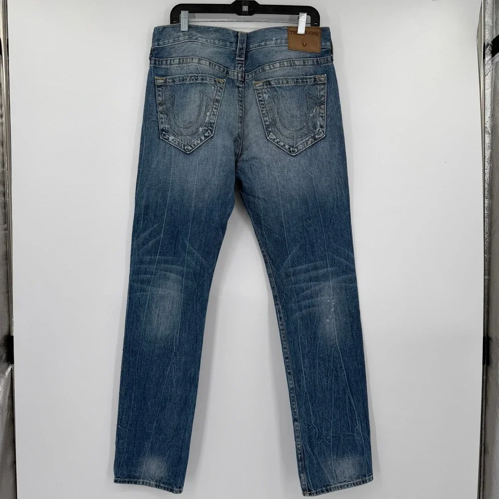 True Religion Rocco Relaxed Skinny Jeans Medium Blue Wash Distressed Mens 34